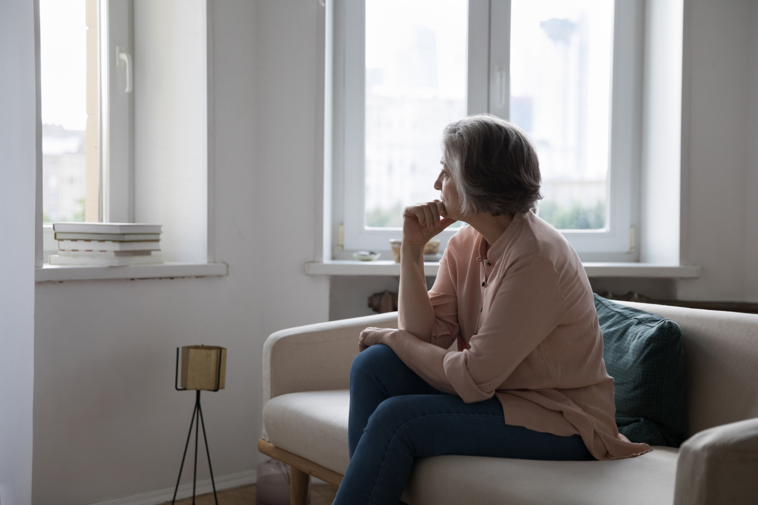 Sad Lonely Mature Grey Haired Lady Looking At Window Away