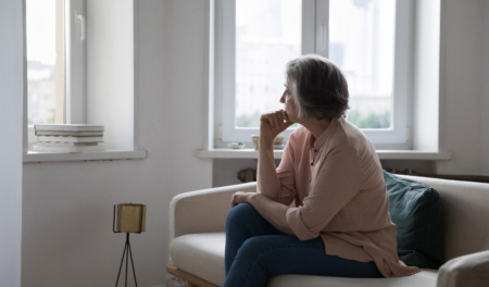 Sad Lonely Mature Grey Haired Lady Looking At Window Away